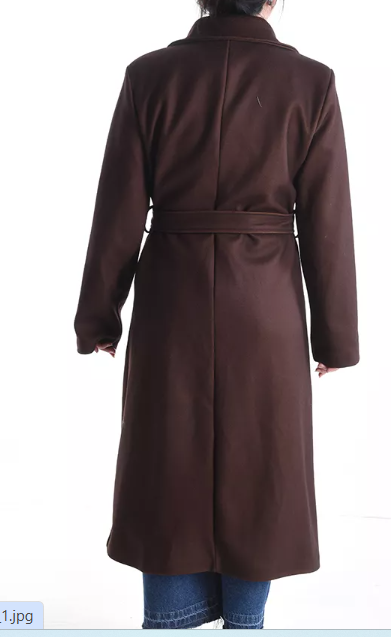 Long belted coat with lining, pockets, and buttons