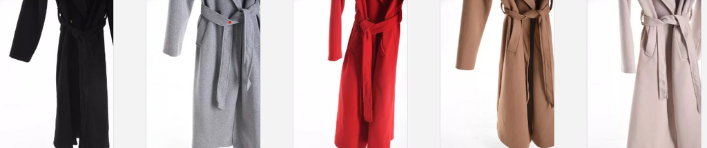 Long belted coat with lining, pockets, and buttons