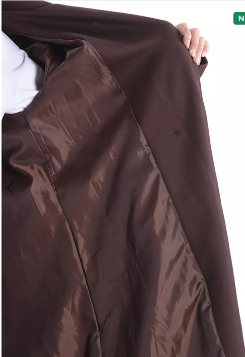 Long belted coat with lining, pockets, and buttons