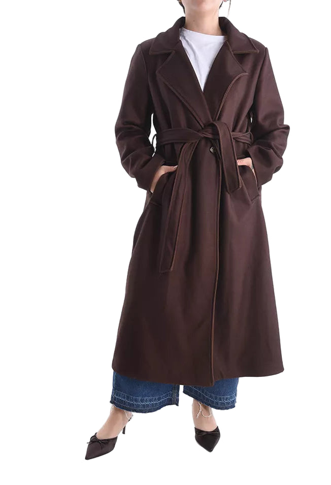 Long belted coat with lining, pockets, and buttons